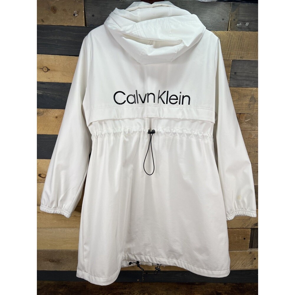 Calvin Klein XL White Trench Coat Windbreaker WIth Hood 21"X37"